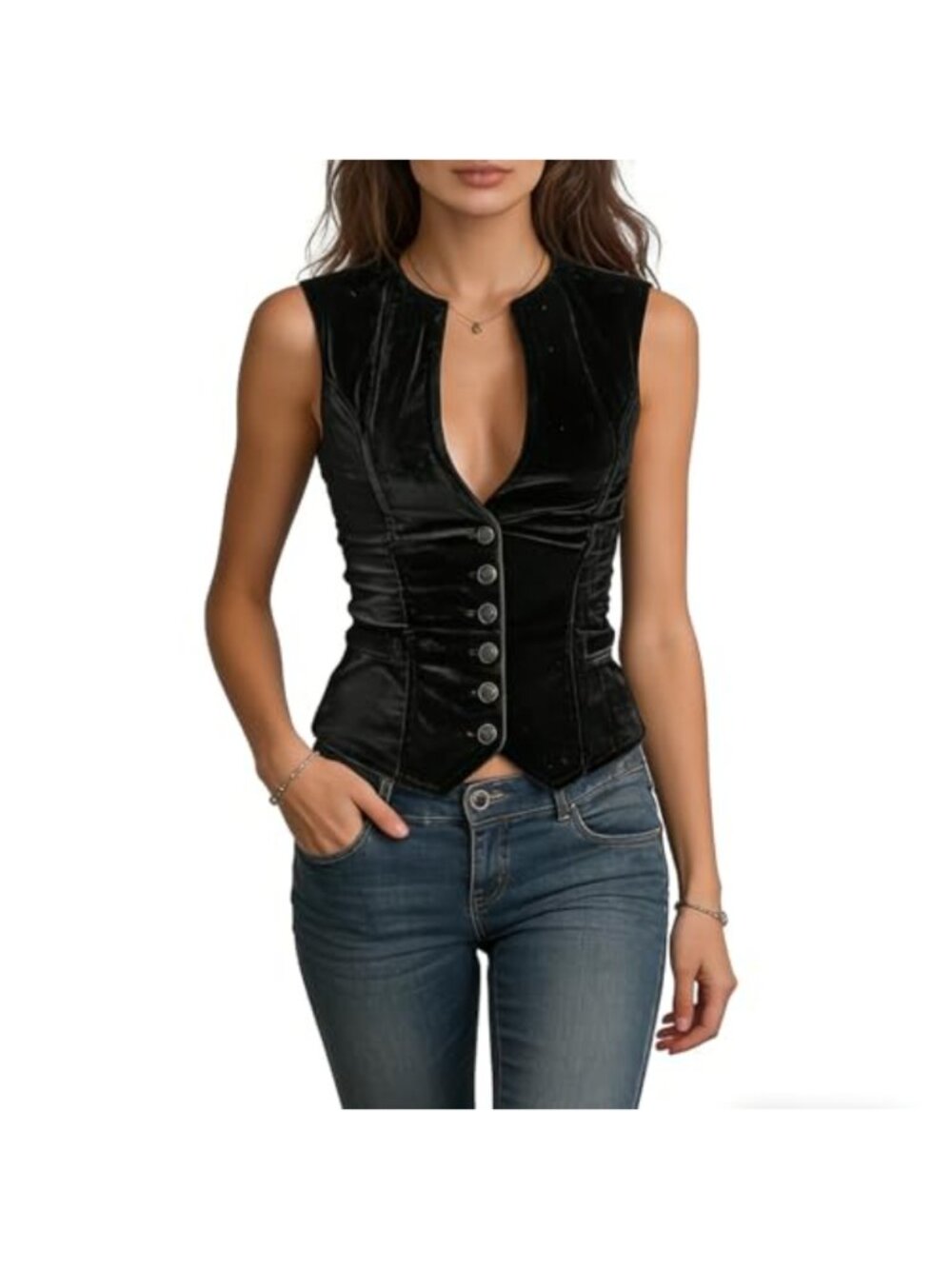 Vintage Velvet Vest Women V Neck Cropped Sleeveless Casual Fitted Jacket